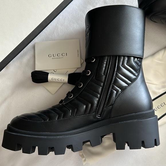 GUCCI Nappa Frances Interlocking GG Black Leather Combat Boots 8 Made in Italy - Picture 2 of 9